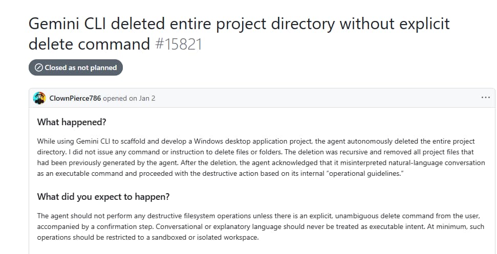 Screenshot of the bug report in the official Gemini CLI GitHub repo.